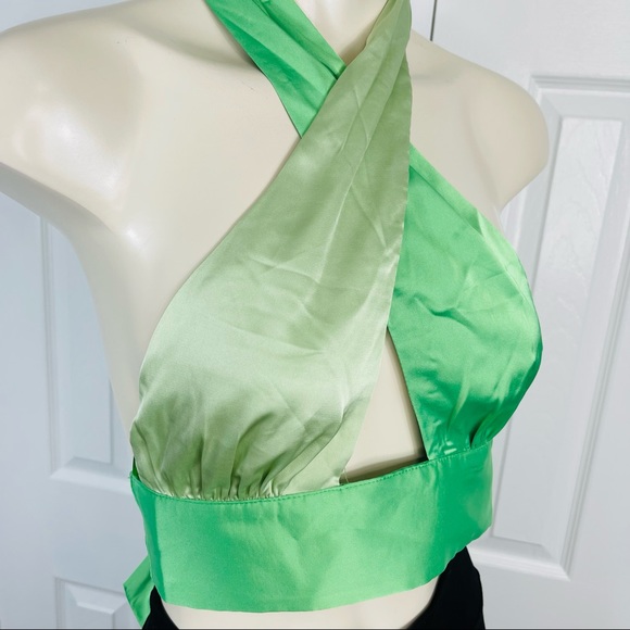 COTTON CANDY LA two toned wrap halter top Matcha green satin silk shiny small - Picture 4 of 9